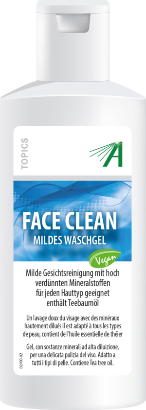 Das SCHUESS FACE CLEAN ADL, ein mildes Waschgel mit deutschem und französischem Text, besticht durch eine vegane Formel, die für jeden Hauttyp geeignet ist und Teebaumöl enthält.