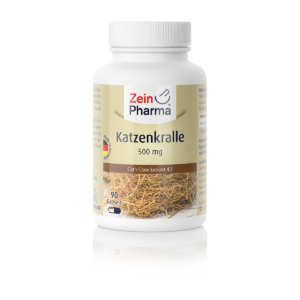 Eine weiße Flasche KATZENKRALLE KPS 500MG ZEI hat ein Bild der getrockneten Wurzel und enthält 90 Kapseln.