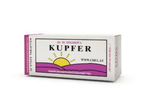 Schachtel mit Nahrungsergänzungsmitteltabletten KUPFER CHEL TBL GRUBERS, mit einer Sonnenaufgangsgrafik und der Website-URL www.chel.at.