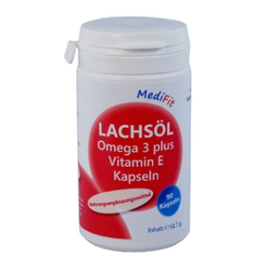 Eine weiße Plastikflasche mit der Aufschrift „LACHSOEL KPS 500MG OMEGA-3“ enthält 90 Kapseln.