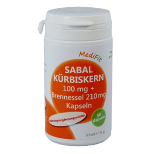Weiße Flasche mit SABAL-KUERBISKERN KPS MEDIF-Kapseln, beschriftet mit 100 mg und Brennessel 210 mg. Enthält 60 Kapseln und wiegt 35 g.