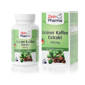 Flasche und Schachtel GR.KAFFEE EXTR KPS 450 mg mit grünen und braunen Kaffeebohnen. Enthält 90 Kapseln.