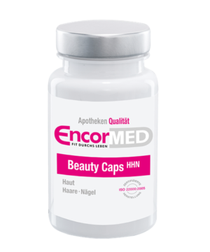 Eine weiße Flasche mit der Aufschrift „ENCORMED KPS BEAUTY CAPS“ und rosa Akzenten zur Verbesserung von Haut, Haaren und Nägeln.