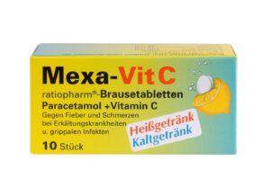Schachtel mit MEXAVIT C RTP BRTBL Brausetabletten mit Paracetamol und Vitamin C, mit Zitronengrafik. Zur Linderung von Fieber und Erkältung gekennzeichnet, enthält 10 Tabletten in gelbgrüner Verpackung.
