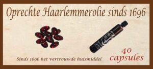 Werbebild für HAARLEMER OEL KPS CKT Kapseln und Flasche. Der niederländische Text betont die Echtheit des Produkts seit 1696 und stellt es als bewährtes Hausmittel dar. Enthält 40 Kapseln.