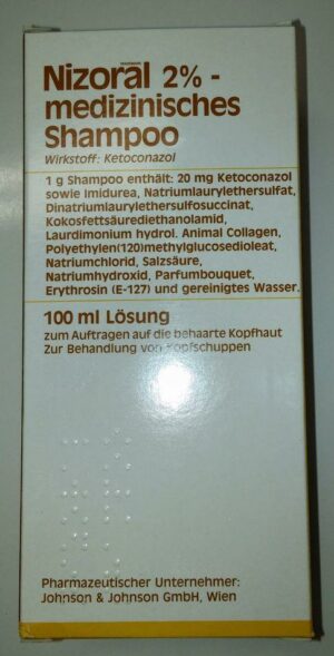 NIZORAL MED SH. 2% Shampoo mit Ketoconazol, 100 ml, in Deutsch zur Schuppenbehandlung. Hergestellt von Johnson & Johnson GmbH, Wien.