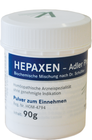 Weiße Dose mit der Aufschrift „SCHUESS HEPAXEN ADL“ und homöopathischen Indikationen, 90g.