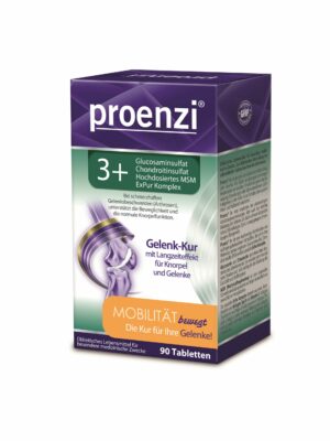 Schachtel PROENZI 3+ GELENK-KUR TBL für gesunde Gelenke mit 90 Tabletten, in einer grün-violetten Verpackung mit deutschem Text, der Inhaltsstoffe wie Glucosamin und MSM detailliert beschreibt.