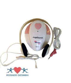 AngelSounds FETALDOPPLER D02 mit Kopfhörer und Kabel, mit Herzdesign und CE-Kennzeichnung, wird von Rosner GESMBH und Jumper vertrieben.
