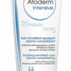 Die BIODERMA ATOD INT.CR, eine 75 ml Tube beruhigender, erweichender Pflegecreme für sehr trockene und atopische Haut, wird auf der Vorderseite mit zweisprachigem Text abgebildet.