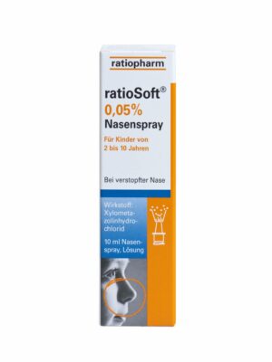 Packung RATIOSOFT NA-SPRAY 0,05% Nasenspray mit deutscher Beschriftung für Kinder von 2 bis 10 Jahren, enthält Xylometazolinhydrochlorid.