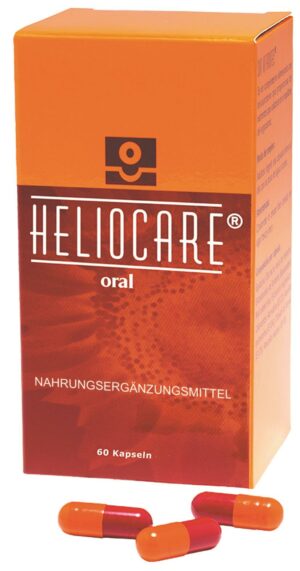 Schachtel mit oralen Nahrungsergänzungsmitteln HELIOCARE KPS SO mit drei roten und orangefarbenen Kapseln auf der Vorderseite.