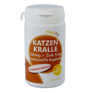 Eine weiße Flasche mit der Aufschrift „KATZENKRALLE KPS 250MG +ZINK“ enthält 60 Kapseln, wobei jede Kapsel 250 mg plus 5 mg Zink enthält.