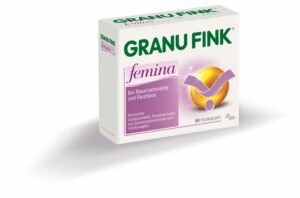 GRANUFINK HARTKPS FEMINA: Weiß-rosa Kapselbox bei Blasenschwäche und Blasenreizung, enthält 60 Kapseln mit Wirkstoffen aus Kürbiskernen und Hopfen.