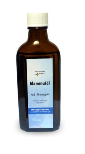 Braune Flasche MAMMUT MASS.OEL CAJEP+SALBEI mit weißem Etikett und deutschem Text.
