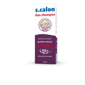 Schachtel SH.S.CALON DUO+MET NISSENKAM Shampoo, 200 ml, mit Zeichentrickfigur, verspricht effektive Läuse- und Nissenentfernung in 15 Minuten dank Zweiphasentechnologie.