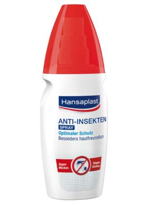 Eine weiße Flasche HANSAPL.ANTI-INSEKT PU-SPRAY mit roter Kappe zum Schutz vor Mücken und Zecken.