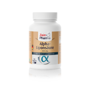 Eine Flasche ALPHALIPONSRE KPS 300MG ALA mit beigem Etikett und blauem Alpha-Symbol enthält 90 Kapseln.