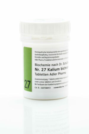 Weißer Behälter mit SCHUESS 27 KAL BICHR D12 ADL-Tabletten, beschriftet in deutscher Sprache.