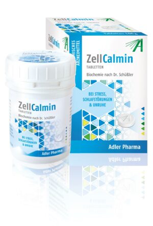 BIOCHEMIE SCHUESS ZELLCALMIN-Tabletten, untergebracht in einem Behälter und einer Schachtel mit blau-weißen Designelementen und Text, von Adler Pharma.