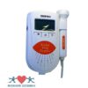 Der FETALDOPPLER D01 von Contec ist ein weißer Fetaldoppler im Taschenformat mit Sonde, kleinem Bildschirm, Tasten auf der Vorderseite und dem Logo der Rosner GesmbH mit Herz und Figuren an der Unterseite.