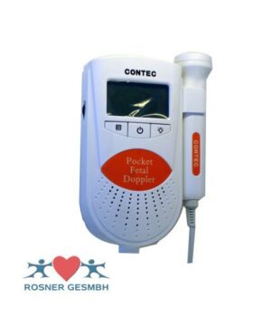 Der FETALDOPPLER D01 von Contec ist ein weißer Fetaldoppler im Taschenformat mit Sonde, kleinem Bildschirm, Tasten auf der Vorderseite und dem Logo der Rosner GesmbH mit Herz und Figuren an der Unterseite.