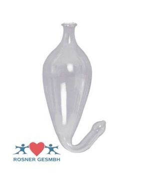 Klarer Glastrichter mit zwei blauen Figuren und einem roten Herz-Logo, unten links mit der Aufschrift „ROSNER GESMBH“. Produkt: NASEN DU ROS HARKE GL.