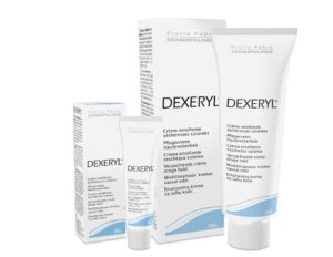 Drei Tuben DEXERYL CR Erweichungscreme in verschiedenen Größen sind neben den jeweiligen Schachteln abgebildet.