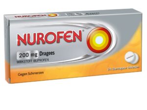 Eine Packung NUROFEN DRG 200MG, enthält Ibuprofen und 24 überzogene Tabletten zur Schmerzlinderung.