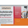 Schachtel mit Filmtabletten „TEUFELSKRALLE RTP FTBL 480MG“, abgebildet ist eine Person mit Rückenschmerzen. Enthält Teufelskrallenwurzel-Trockenextrakt. Enthält 50 Tabletten.