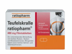 Schachtel mit Filmtabletten „TEUFELSKRALLE RTP FTBL 480MG“, abgebildet ist eine Person mit Rückenschmerzen. Enthält Teufelskrallenwurzel-Trockenextrakt. Enthält 50 Tabletten.