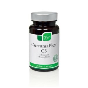 Eine Flasche NICAPUR KPS CurcumaPlex C3 mit grün-weißem Etikett enthält Kurkuma und schwarzen Pfeffer.