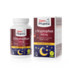 Eine Flasche und eine Schachtel mit L-TRYPTOPHAN KPS 500MG ZEINP-Kapseln weisen ein Schlaf-Design mit Monden und Sternen auf und tragen die Aufschrift „vegan“, was auf Deutsch zur Behandlung von Schlafstörungen dient.