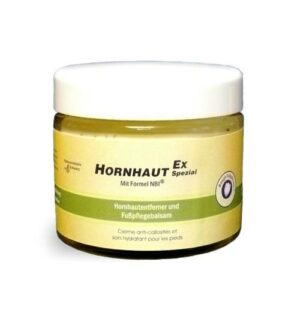 Ein Glas „HORNH.EX SPEZ.ENTF+FUSSBLS“, eine Hornhautentfernungs- und Fußpflegecreme, mit deutscher und französischer Beschriftung.