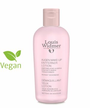 Eine rosa Flasche WIDMER-O.P.AU-M.UP ENTF LOT Augen-Make-up-Entferner-Lotion mit einem grünen Vegan-Logo auf der linken Seite.