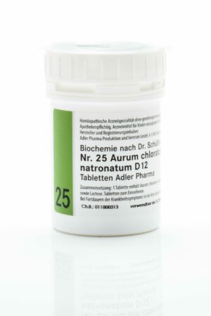 Ein weißer Behälter mit der Aufschrift „SCHUESS 25 AUR CHLNA D12 ADL“ und weiteren Informationen in deutscher Sprache.