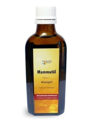 Eine braune Flasche mit der Aufschrift „MAMMUT MASS.OEL TEUF.KR+WEIH“ und weißem Verschluss. Darin befindet sich Massageöl.