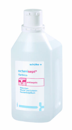 Eine Flasche OCTENISEPT LSG Antiseptische Lösung mit weißem Verschluss und Etikett mit roter und blauer Schrift ist als farblos zur Wund- und Schleimhautantiseptie gekennzeichnet.
