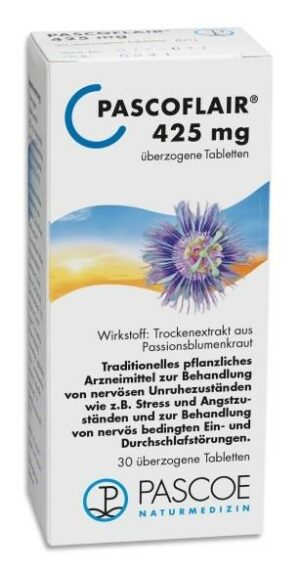 Schachtel PASCOFLAIR TBL 425MG, ein traditionelles Kräuterheilmittel mit Passionsblumenextrakt gegen Stress und angstbedingte Probleme.