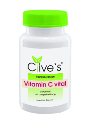Eine weiße Flasche mit grünem Verschluss und der Aufschrift „CLIVES VIT C KPS VITAL“ enthält gepuffertes Vitamin C zur Langzeitanwendung, hergestellt in Österreich.