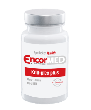 Eine weiße Flasche mit der Aufschrift „ENCORMED KPS KRILL-PLEX PLUS“ und rotem und grauem Branding hebt die Vorteile für Herz, Gehirn und Mobilität hervor.
