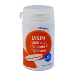 Weiße Flasche mit der Aufschrift „LYSIN TBL 1000MG +VIT C MEDI“ enthält 60 Tabletten, 63,2 g.
