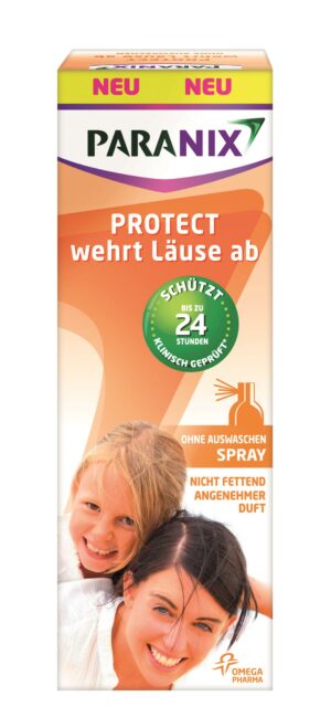 Die Verpackung von PARANIX SPRAY PROTECT zeigt eine lächelnde Frau und ein Kind und betont den 24-Stunden-Schutz mit einer nicht fettenden Formel und einem angenehmen Duft.