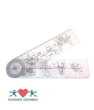 Transparentes GONIOMETER aus Kunststoff, mit medizinischen Abbildungen und Maßangaben, Winkelmesser und Linealmarkierungen.