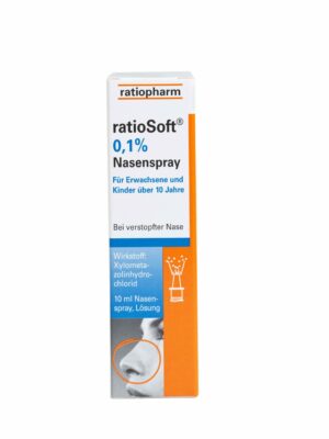 Packung RATIOSOFT NA-SPRAY 0,1% Nasenspray für Erwachsene und Kinder ab 10 Jahren, enthält Xylometazolinhydrochlorid, 10 ml Lösung, zur Behandlung einer verstopften Nase.