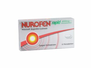 Schachtel mit NUROFEN RAPID FTBL 400MG Filmtabletten mit Ibuprofen-Lysin. Weiße Verpackung mit rot-gelbem Design. Enthält 12 Tabletten zur Schmerzlinderung.