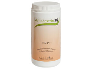Ein weißer 750-g-Behälter mit der Aufschrift „MALTODEXTRIN 19“ und deutschem Text.