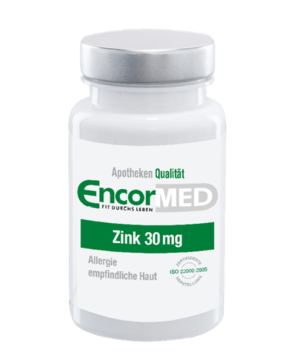 Weiße Flasche mit der Aufschrift „ZINK KPS 30MG ENCORMED“ für empfindliche Haut, entspricht der Norm ISO 22000:2005.