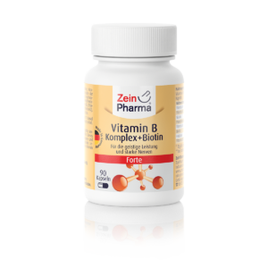 Eine Flasche Zein Pharma VIT B-KOMPL KPS +BIOTIN mit 90 Kapseln, mit beigem Etikett und weißem Verschluss, präsentiert auf weißem Hintergrund.