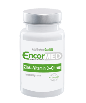 Eine weiße Flasche mit der Aufschrift „ENCORMED ZINK KPS+VIT C+CITR“ weist darauf hin, dass es das Immunsystem unterstützt.